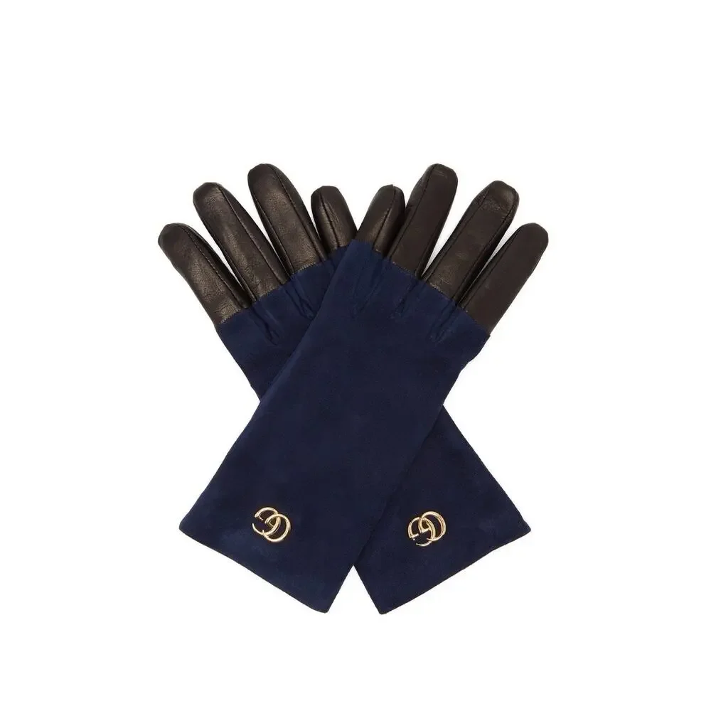 NWT Gucci Viola Blue Suede & Black Leather Marmont Logo Gloves Sz 7.5/M $630.00